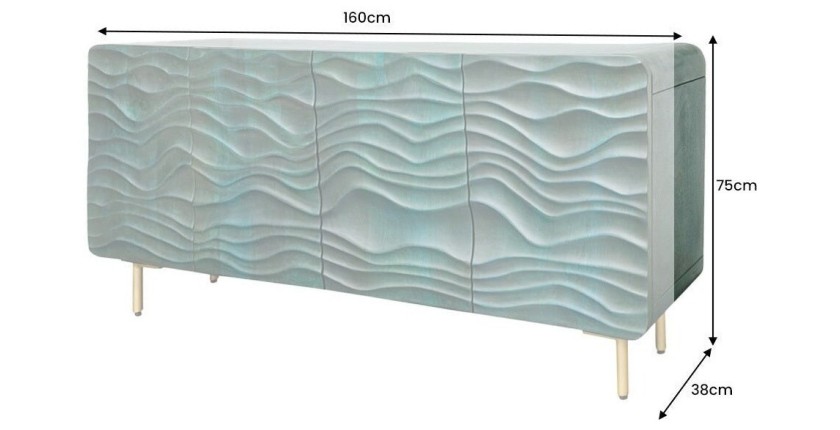 Buffet ONDARA 160 cm – Bois Massif Vert Sculpté – Pieds Dorés – Design Contemporain