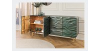 Buffet ONDARA 160 cm – Bois Massif Vert Sculpté – Pieds Dorés – Design Contemporain
