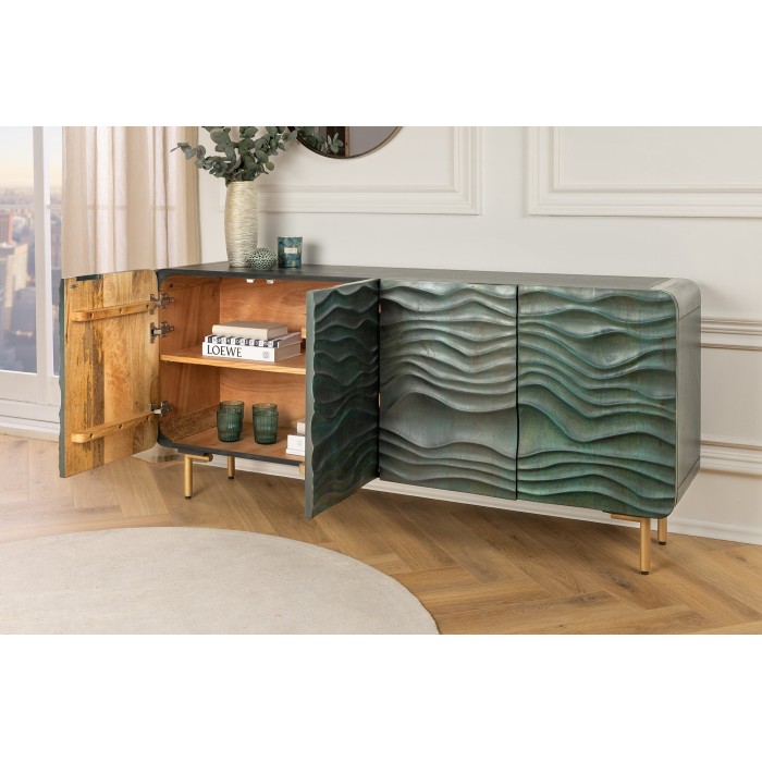 Buffet ONDARA 160 cm – Bois Massif Vert Sculpté – Pieds Dorés – Design Contemporain