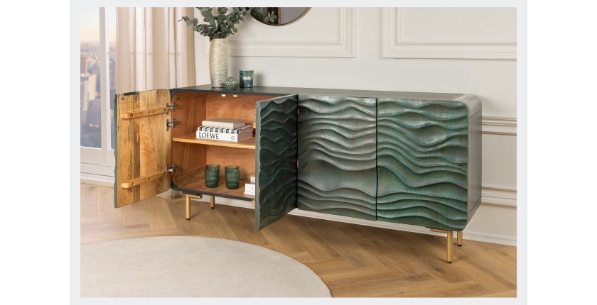 Buffet ONDARA 160 cm – Bois Massif Vert Sculpté – Pieds Dorés – Design Contemporain