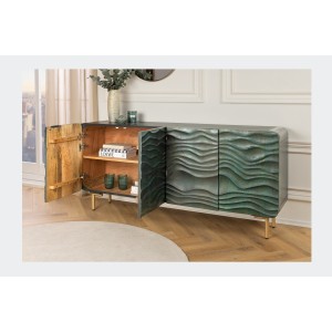 Buffet ONDARA 160 cm – Bois Massif Vert Sculpté – Pieds Dorés – Design Contemporain