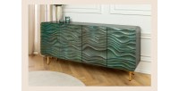 Buffet ONDARA 160 cm – Bois Massif Vert Sculpté – Pieds Dorés – Design Contemporain