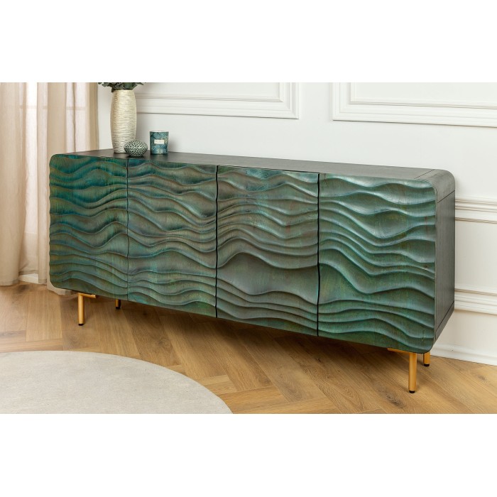Buffet ONDARA 160 cm – Bois Massif Vert Sculpté – Pieds Dorés – Design Contemporain