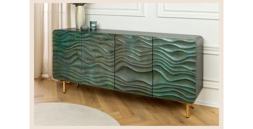 Buffet ONDARA 160 cm – Bois Massif Vert Sculpté – Pieds Dorés – Design Contemporain