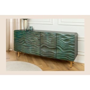 Buffet ONDARA 160 cm – Bois Massif Vert Sculpté – Pieds Dorés – Design Contemporain