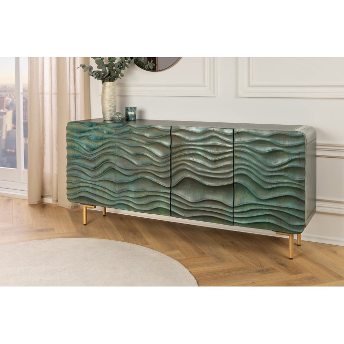 Buffet ONDARA 160 cm – Bois Massif Vert Sculpté – Pieds Dorés – Design Contemporain