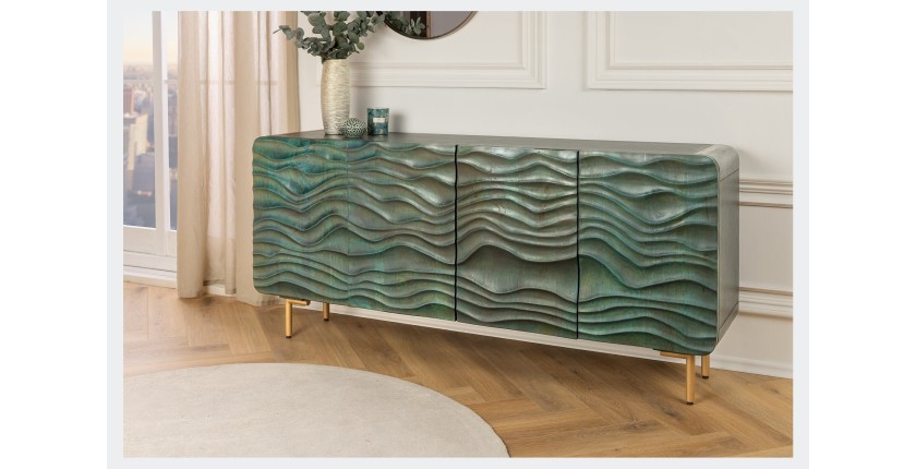 Buffet ONDARA 160 cm – Bois Massif Vert Sculpté – Pieds Dorés – Design Contemporain