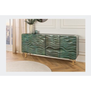 Buffet ONDARA 160 cm – Bois Massif Vert Sculpté – Pieds Dorés – Design Contemporain