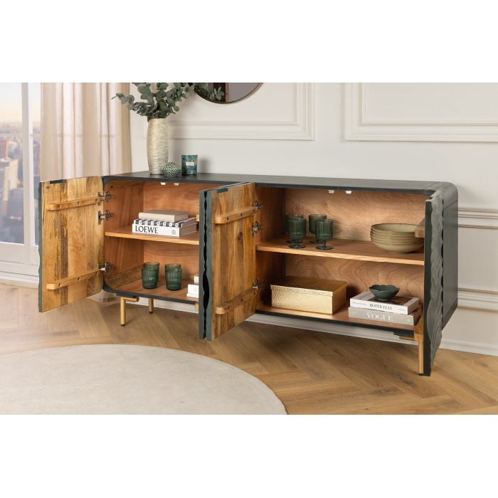 Buffet ONDARA 160 cm – Bois Massif Vert Sculpté – Pieds Dorés – Design Contemporain