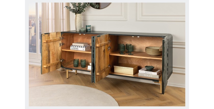 Buffet ONDARA 160 cm – Bois Massif Vert Sculpté – Pieds Dorés – Design Contemporain