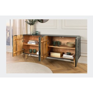 Buffet ONDARA 160 cm – Bois Massif Vert Sculpté – Pieds Dorés – Design Contemporain