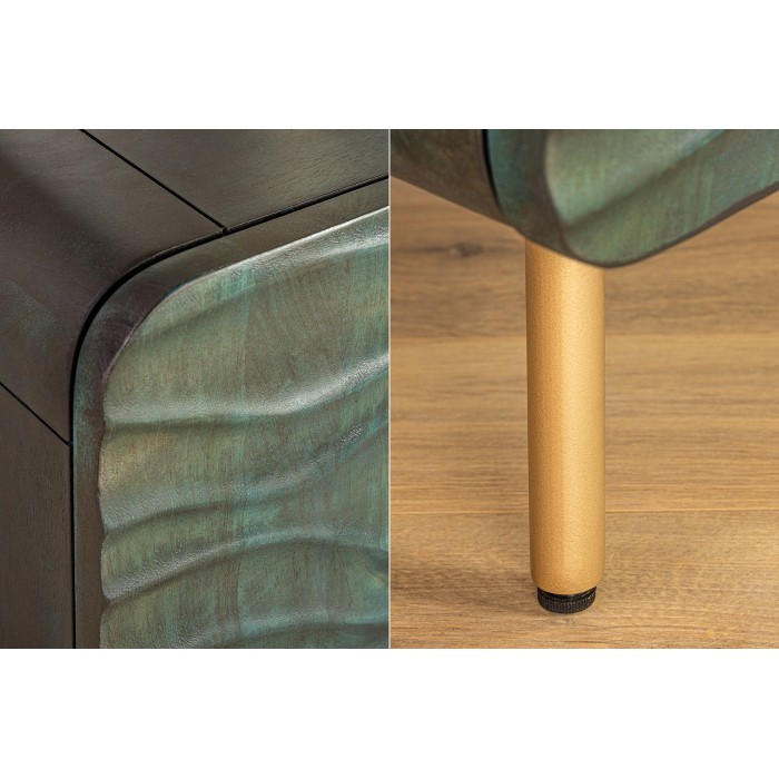 Buffet ONDARA 160 cm – Bois Massif Vert Sculpté – Pieds Dorés – Design Contemporain