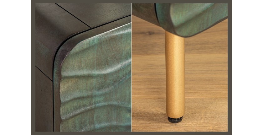 Buffet ONDARA 160 cm – Bois Massif Vert Sculpté – Pieds Dorés – Design Contemporain