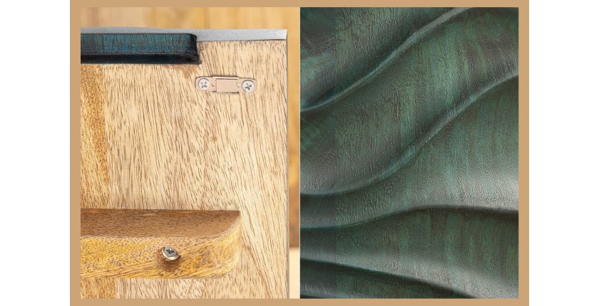 Buffet ONDARA 160 cm – Bois Massif Vert Sculpté – Pieds Dorés – Design Contemporain