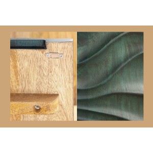 Buffet ONDARA 160 cm – Bois Massif Vert Sculpté – Pieds Dorés – Design Contemporain