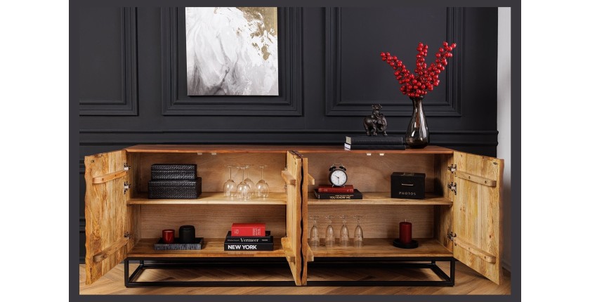 Buffet TERRAKAN 180 cm – Bois Massif de Manguier Marron – Façade Sculptée 3D