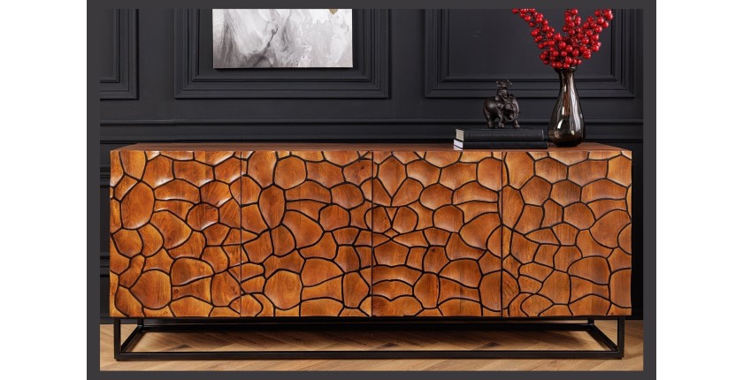 Buffet TERRAKAN 180 cm – Bois Massif de Manguier Marron – Façade Sculptée 3D