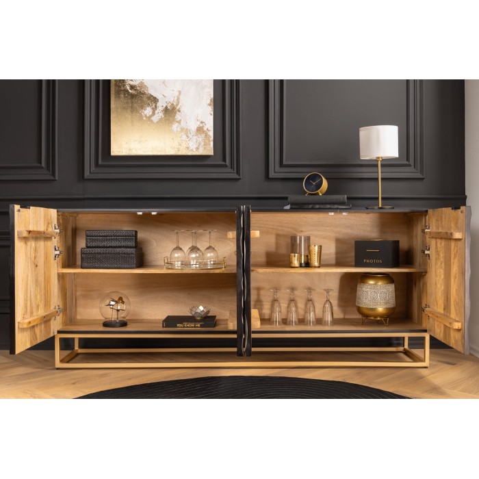 Buffet TERRAKAN 180 cm – Bois massif noir et blanc sculpté avec pieds dorés