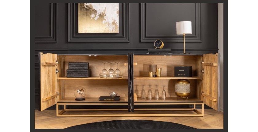 Buffet TERRAKAN 180 cm – Bois massif noir et blanc sculpté avec pieds dorés