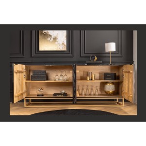 Buffet TERRAKAN 180 cm – Bois massif noir et blanc sculpté avec pieds dorés