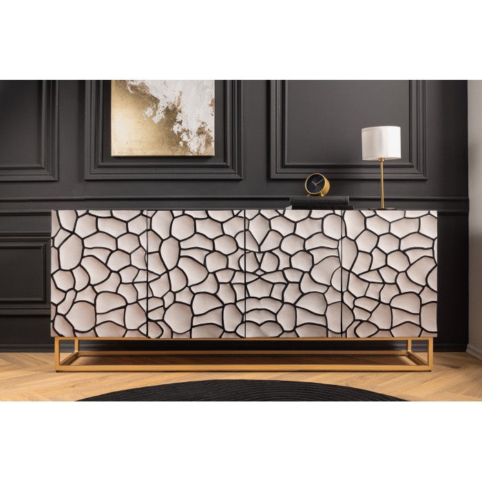 Buffet TERRAKAN 180 cm – Bois massif noir et blanc sculpté avec pieds dorés