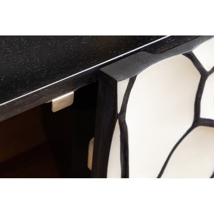 Buffet TERRAKAN 180 cm – Bois massif noir et blanc sculpté avec pieds dorés