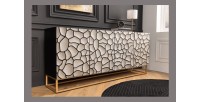 Buffet TERRAKAN 180 cm – Bois massif noir et blanc sculpté avec pieds dorés