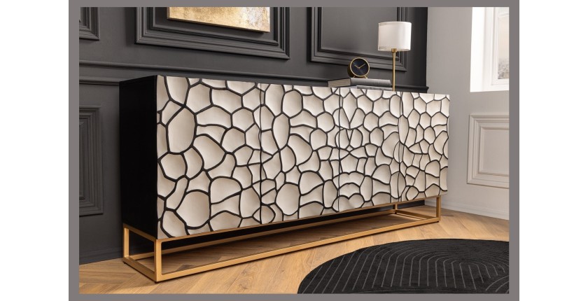Buffet TERRAKAN 180 cm – Bois massif noir et blanc sculpté avec pieds dorés
