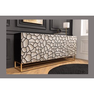 Buffet TERRAKAN 180 cm – Bois massif noir et blanc sculpté avec pieds dorés