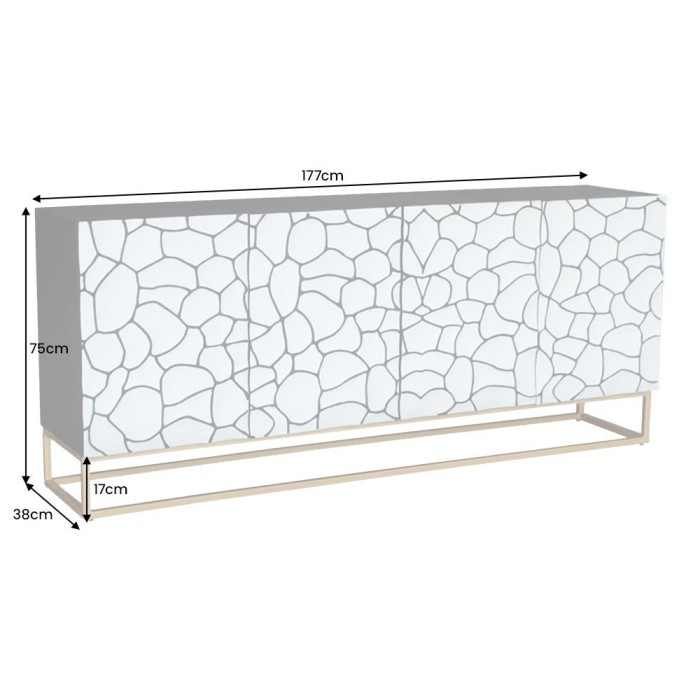 Buffet TERRAKAN 180 cm – Bois massif noir et blanc sculpté avec pieds dorés