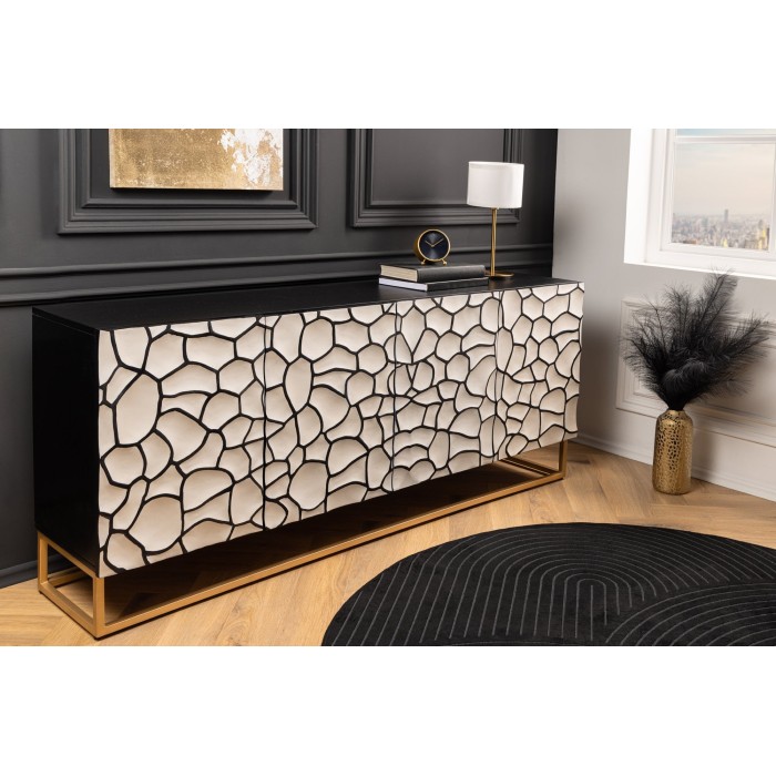 Buffet TERRAKAN 180 cm – Bois massif noir et blanc sculpté avec pieds dorés