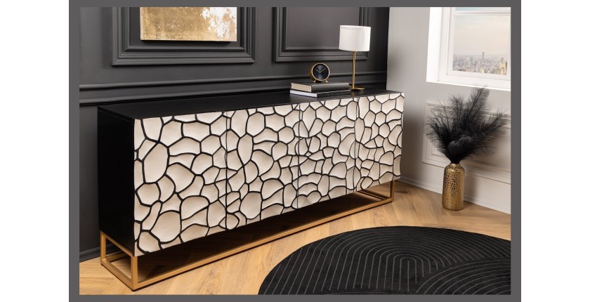 Buffet TERRAKAN 180 cm – Bois massif noir et blanc sculpté avec pieds dorés