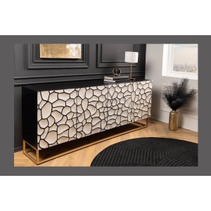 Buffet TERRAKAN 180 cm – Bois massif noir et blanc sculpté avec pieds dorés