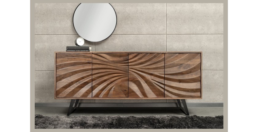 Buffet SYRMA 175 cm – Bois massif d’acacia sculpté – Design 3D dynamique