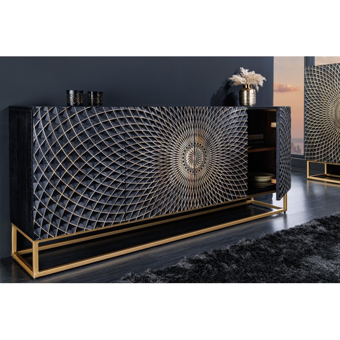 Buffet KOSMOS 180 cm – Bois massif noir sculpté 3D – Pieds métal doré