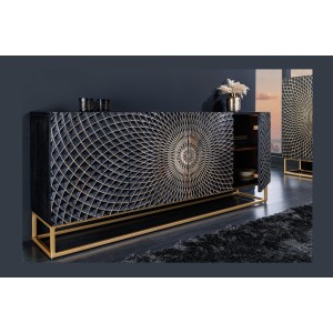 Buffet KOSMOS 180 cm – Bois massif noir sculpté 3D – Pieds métal doré