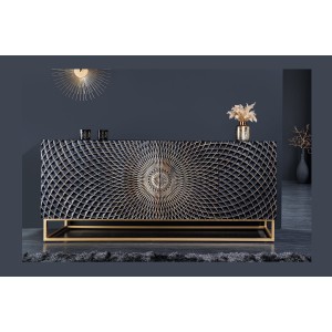 Buffet KOSMOS 180 cm – Bois massif noir sculpté 3D – Pieds métal doré
