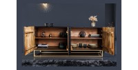 Buffet KOSMOS 180 cm – Bois massif noir sculpté 3D – Pieds métal doré