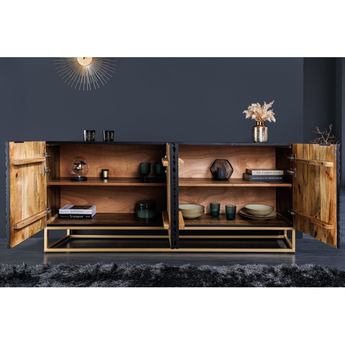Buffet KOSMOS 180 cm – Bois massif noir sculpté 3D – Pieds métal doré