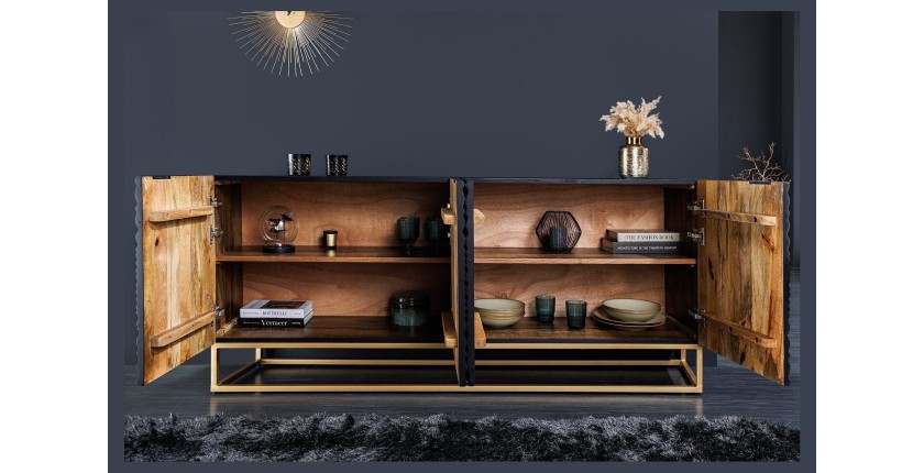 Buffet KOSMOS 180 cm – Bois massif noir sculpté 3D – Pieds métal doré
