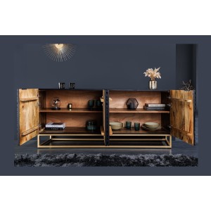 Buffet KOSMOS 180 cm – Bois massif noir sculpté 3D – Pieds métal doré