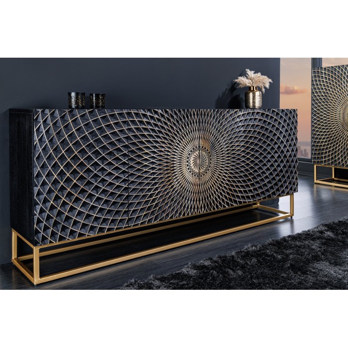 Buffet KOSMOS 180 cm – Bois massif noir sculpté 3D – Pieds métal doré
