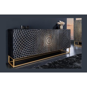 Buffet KOSMOS 180 cm – Bois massif noir sculpté 3D – Pieds métal doré