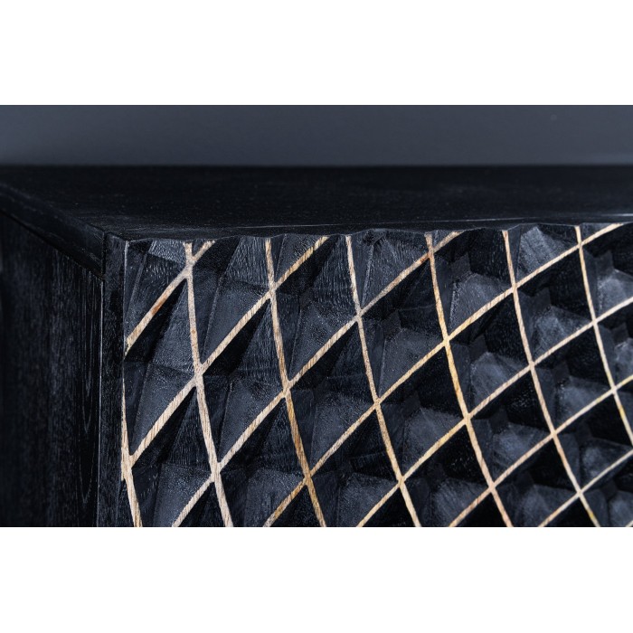 Buffet KOSMOS 180 cm – Bois massif noir sculpté 3D – Pieds métal doré