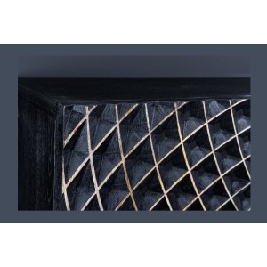 Buffet KOSMOS 180 cm – Bois massif noir sculpté 3D – Pieds métal doré