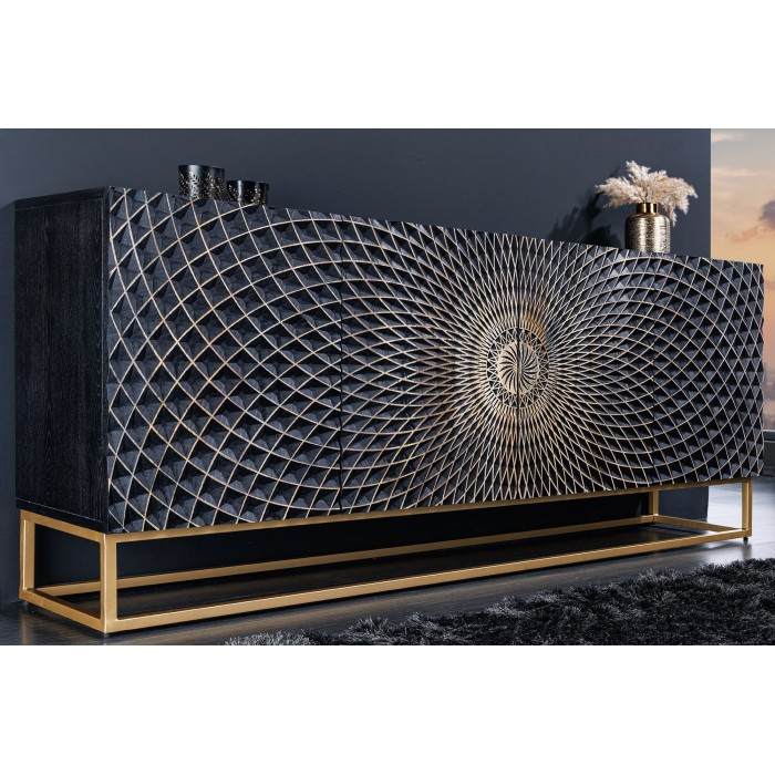 Buffet KOSMOS 180 cm – Bois massif noir sculpté 3D – Pieds métal doré