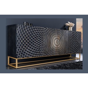 Buffet KOSMOS 180 cm – Bois massif noir sculpté 3D – Pieds métal doré