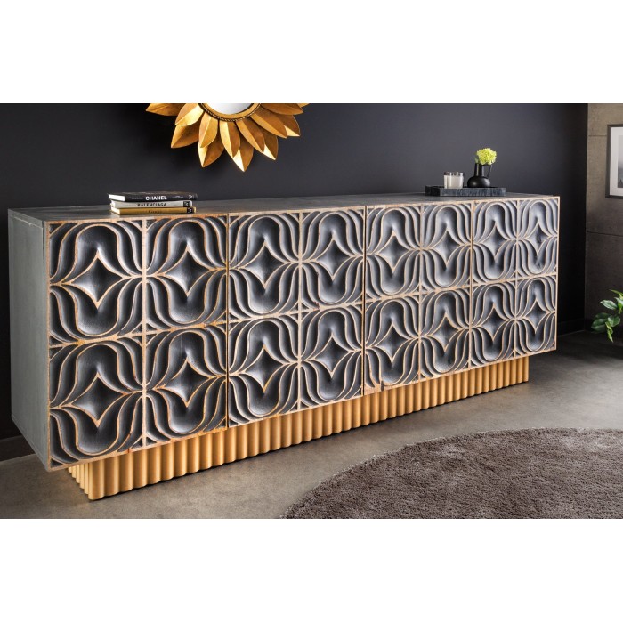 Buffet PALAZZO 180 cm – Bois massif gris et doré – Sculpté style rétro-vénitien