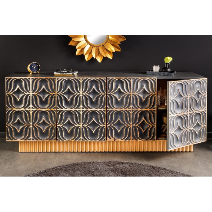 Buffet PALAZZO 180 cm – Bois massif gris et doré – Sculpté style rétro-vénitien
