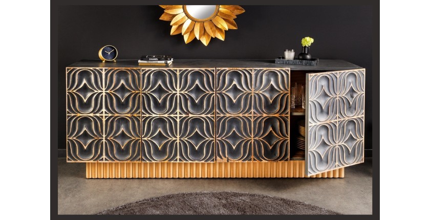 Buffet PALAZZO 180 cm – Bois massif gris et doré – Sculpté style rétro-vénitien